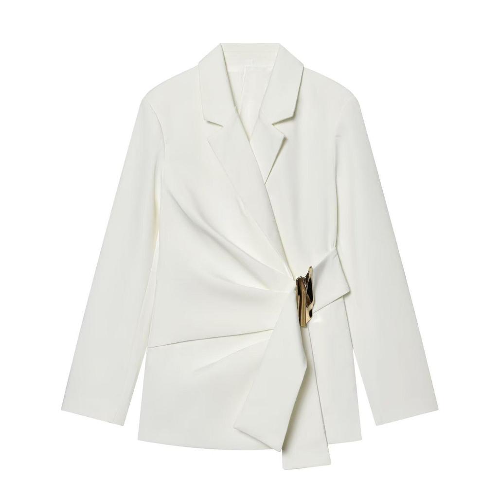 European American Style Fashion Suit: Buckle Decor Jacket & Straight-Leg Pants Two-Piece Slim Fit Set for Women