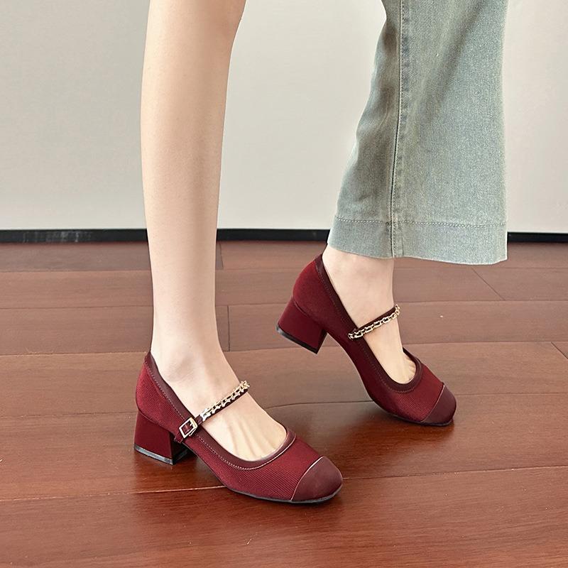 Spring and summer new one-word buckle strap single shoes women's square head light mouth thick heel Mary Jane shoes children