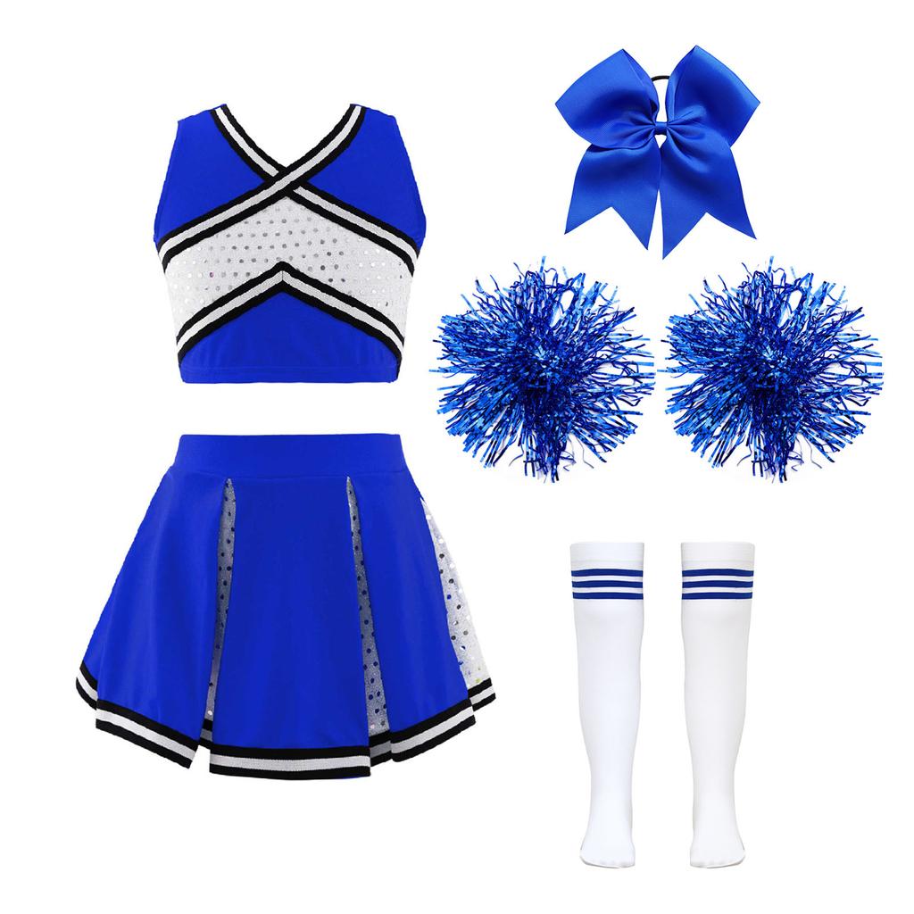 Set Cheerleader Scintillante per Bambine Top Corto a V a Righe Incrociate Gonna Pieghettata e Fiocco