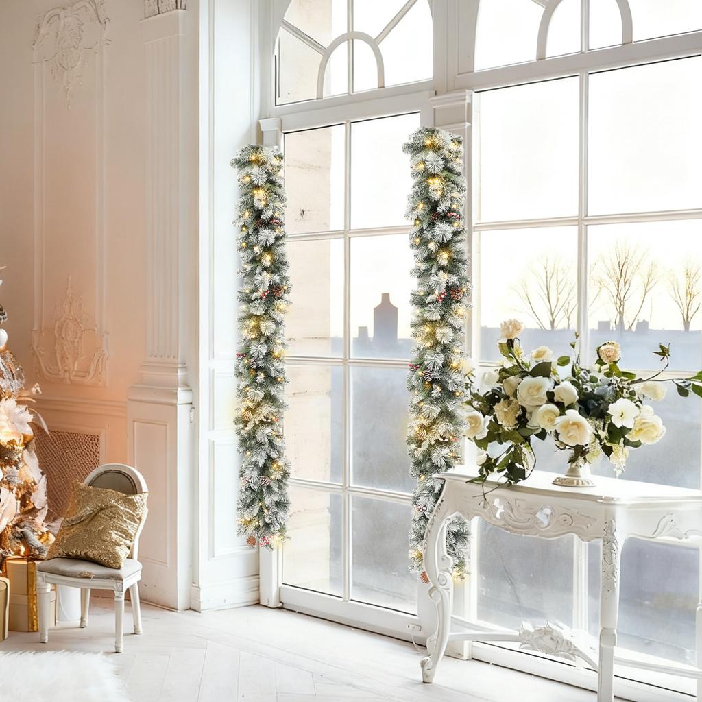 Christmas Garland Diameter 25x180 Cm with 50 LED Lights, Berries and Pine Cones, In Plastic and Metal, Green and White