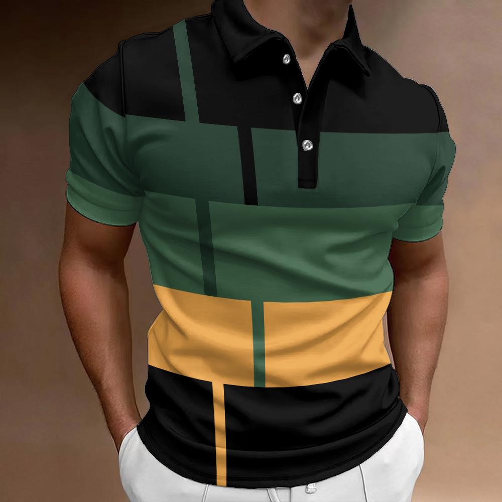 Geometric Striped Short Sleeve Polo Shirt, Stylish Casual Top
