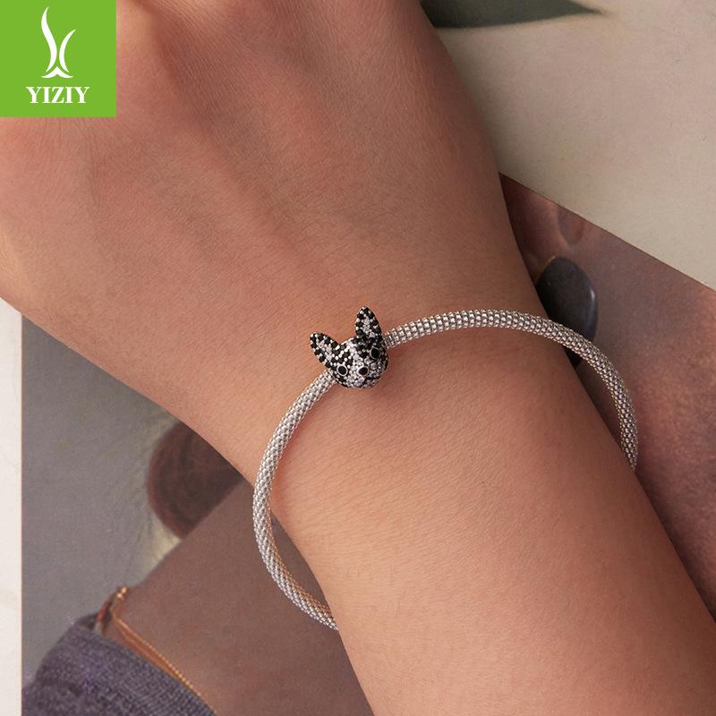 S925 Sterling Silver Boston Dog Beaded Accessories, Exquisite Three-Dimensional Black And White Zircon Beads Loose Beads