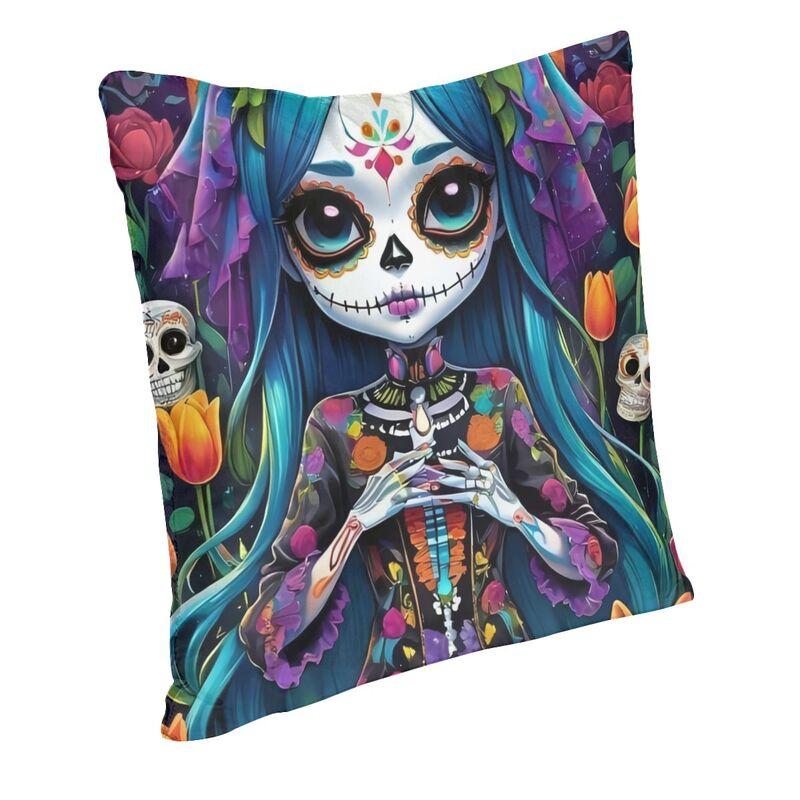 Day Of The Dead Cat Woman Skull Square Pillow Cover Decoration Cushions Throw Pillow For Living Room Double-Sided Printing