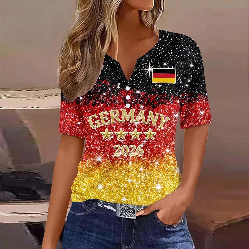 Women's V Neck Short Sleeve Button T Shirt Soccer Print Fan Top World Cup Supporter Apparel Casual Fit Lightweight Fabric
