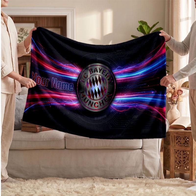 Personalisierte Fleece-Decke FC Bayern München Mit Fußball-Logo, Individueller Name Text Weich Warm Home Überwurfdecke