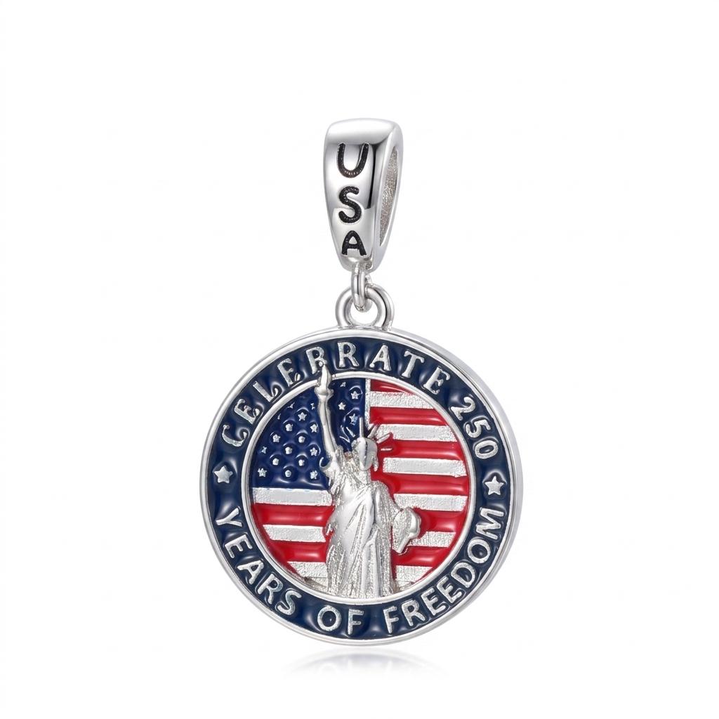 

925 Silver Charm Eagle 1776- 250th Anniversary of the Founding of the United States Fit Bangle Bracelet DIY Jewelry