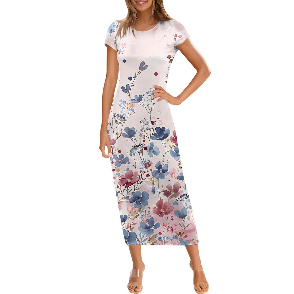 Damenmode Lässiger Druck Rundhals Kurzarm Langes Kleid