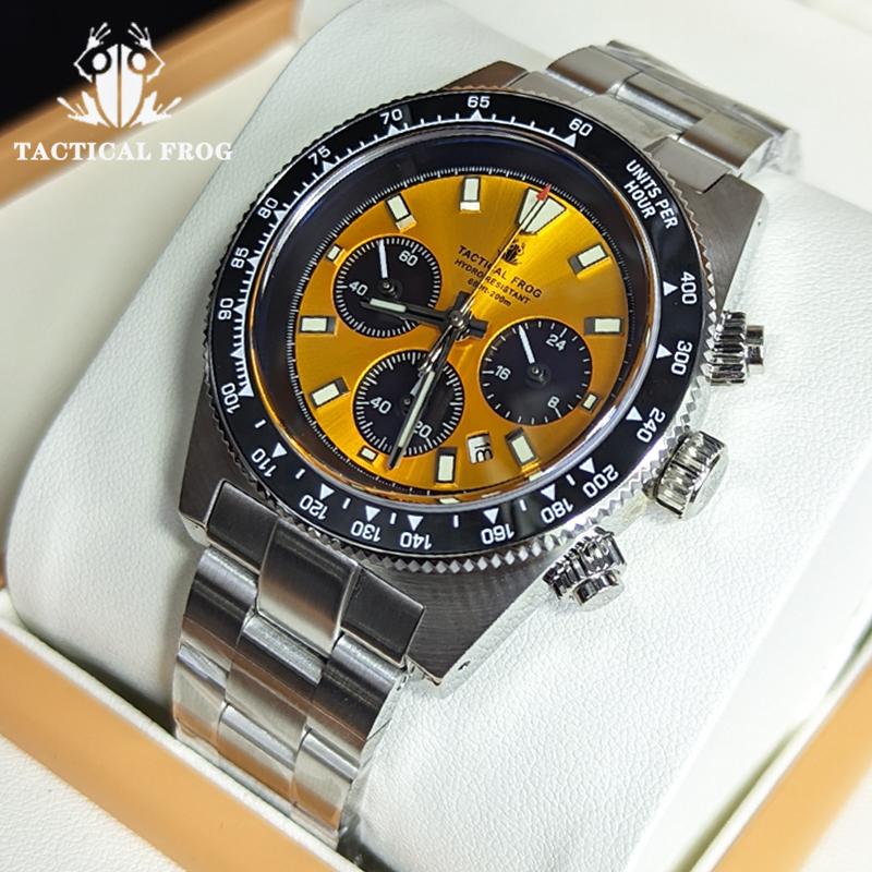 Tactical Frog 41mm Men's Chronograph Watch VS75 Solar Quartz Movement Waterproof Sapphire Green C3 Luminous Quartz Wristwatch