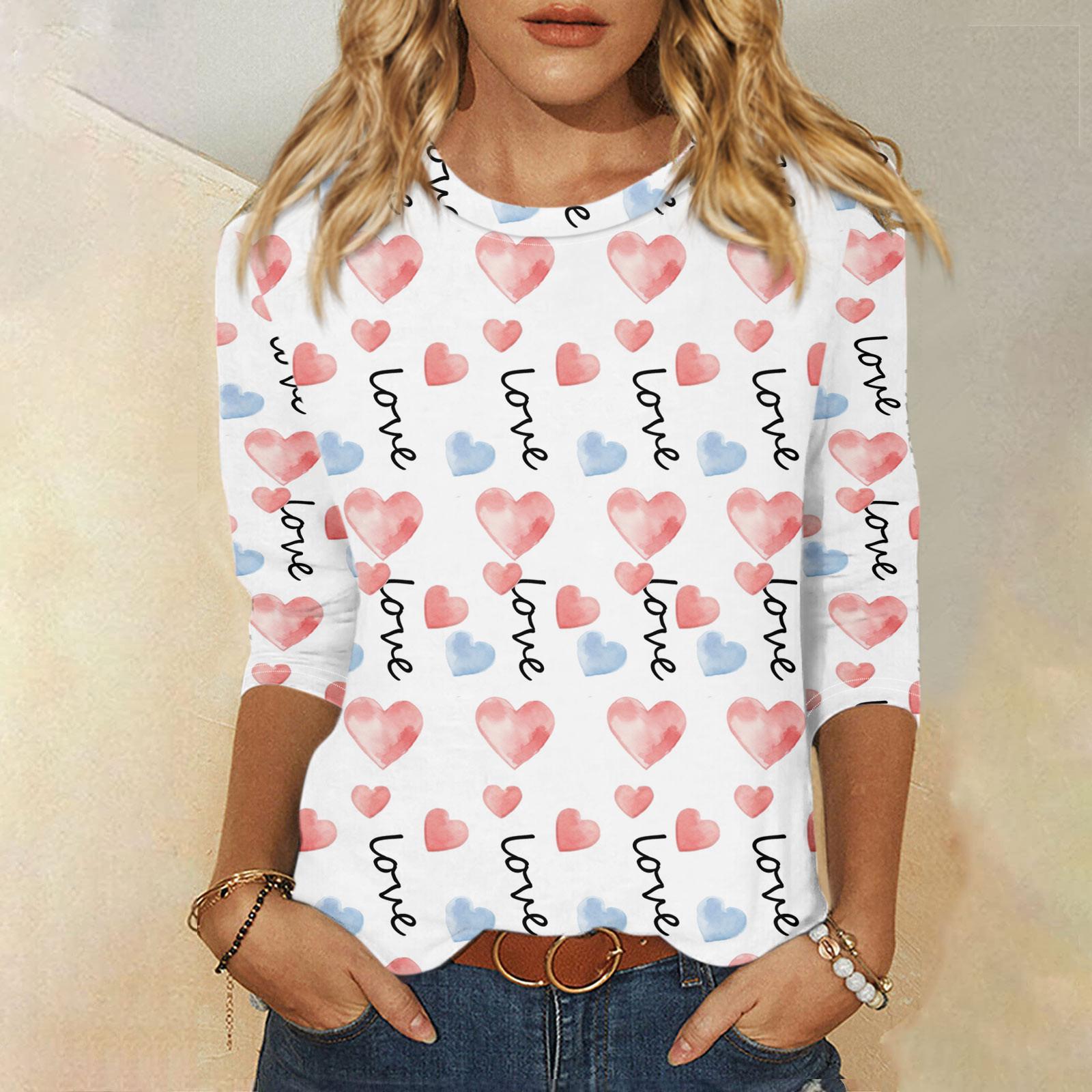 

Женская мода, повседневная свободная футболка с принтом на День святого Валентина и круглым вырезом, рукав 3/4, женский топ XL белый