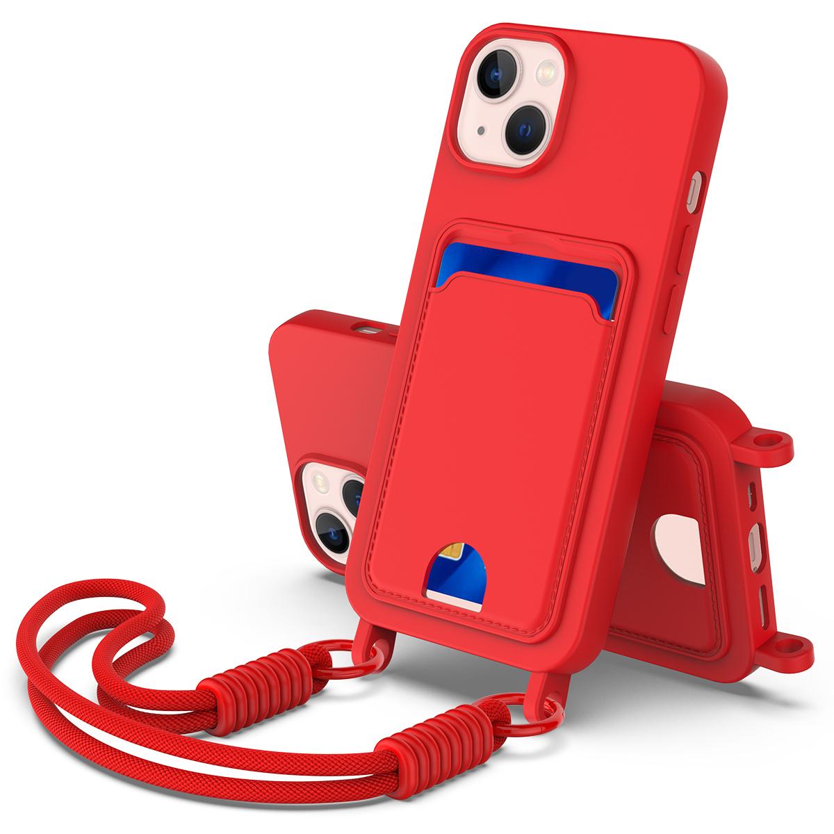 

For iPhone 15 Liquid Silicone Case Phone Back Cover with Card Holder and Short Strap Red