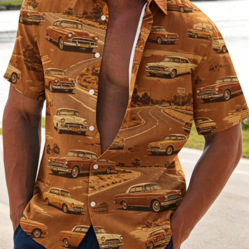 

Men s printed short sleeve button-down shirt with 3D heat transfer pattern, casual beach vacation street style M