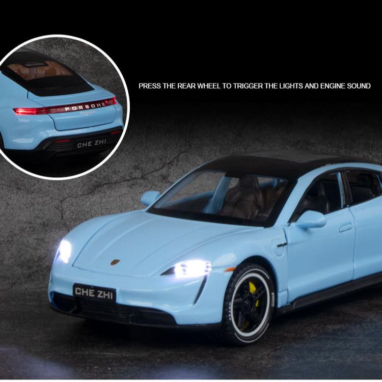 1:32 Porsche Taycan High-Simulation-Automodelle aus Metallguss, Sportwagen mit Sound und Licht, Rückziehmechanismus, Supercar-Geschenke für Kinder