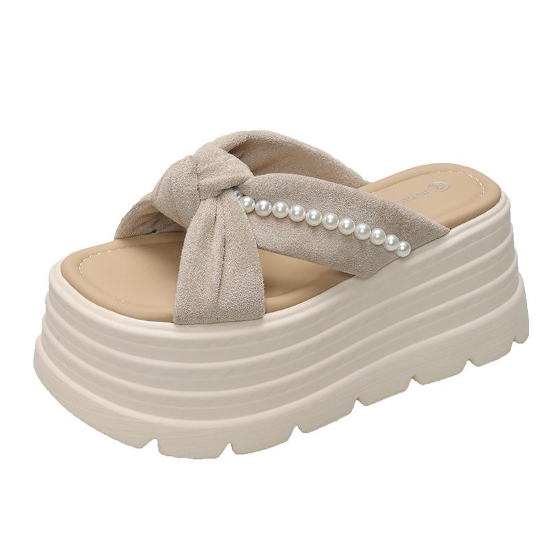 Thick-bottomed Pearl Slippers Women's Fashion Outer Wear 2025 Summer New Versatile Height Increase 9cm Bow Muffin Sandals