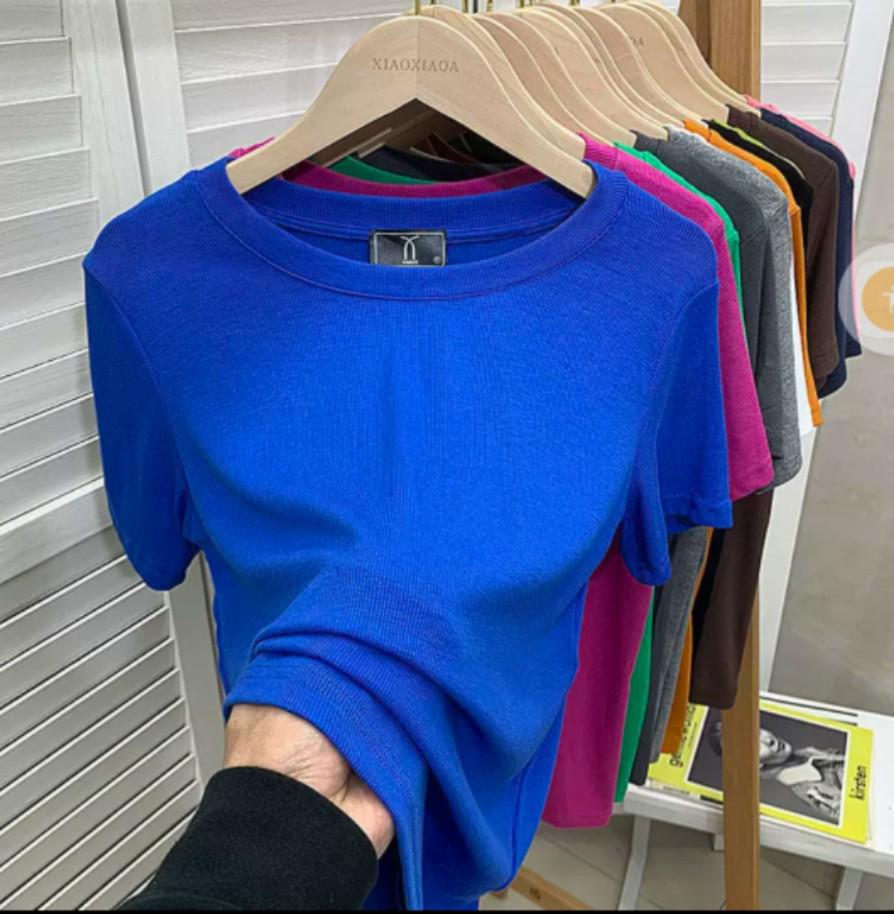 European Plus Size Ribbed Loose Short Sleeve T-shirt, Women's Green Base Layer Blouse