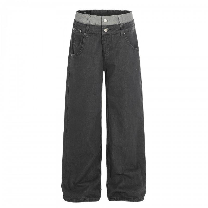 Unisex Streetwear Denim Pants With Dual Waistband Design Loose Fit Straight Leg Jeans Men Women