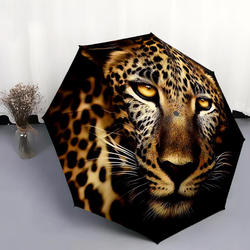 

1pc leopard Theme pattern Umbrella Portable Folding Umbrella Iron Frame Hole Bone Structure Outdoor Home Umbrella