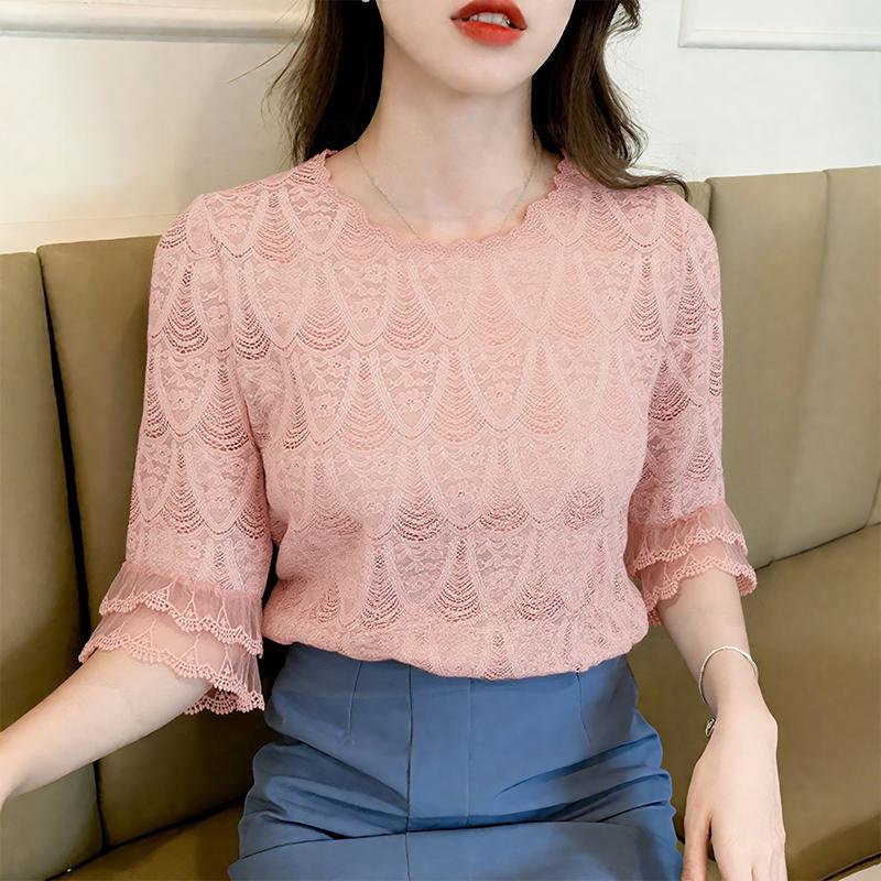 

ZANZEA Женская повседневная блузка с рукавом 3/4 клеш, элегантная, кружевная вставка M розовый