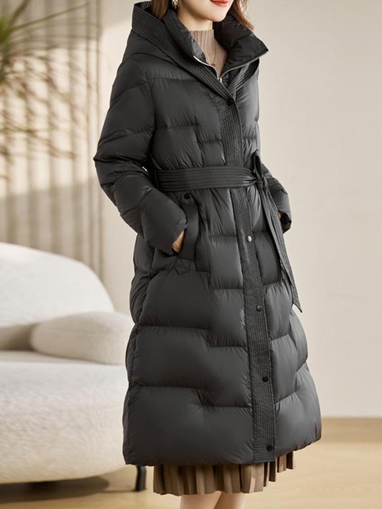 Women's Stylish Over-the-knee White Duck Down Jacket - Long, Slimming, Warm, Waist-Cinched Belted Winter Outerwear.