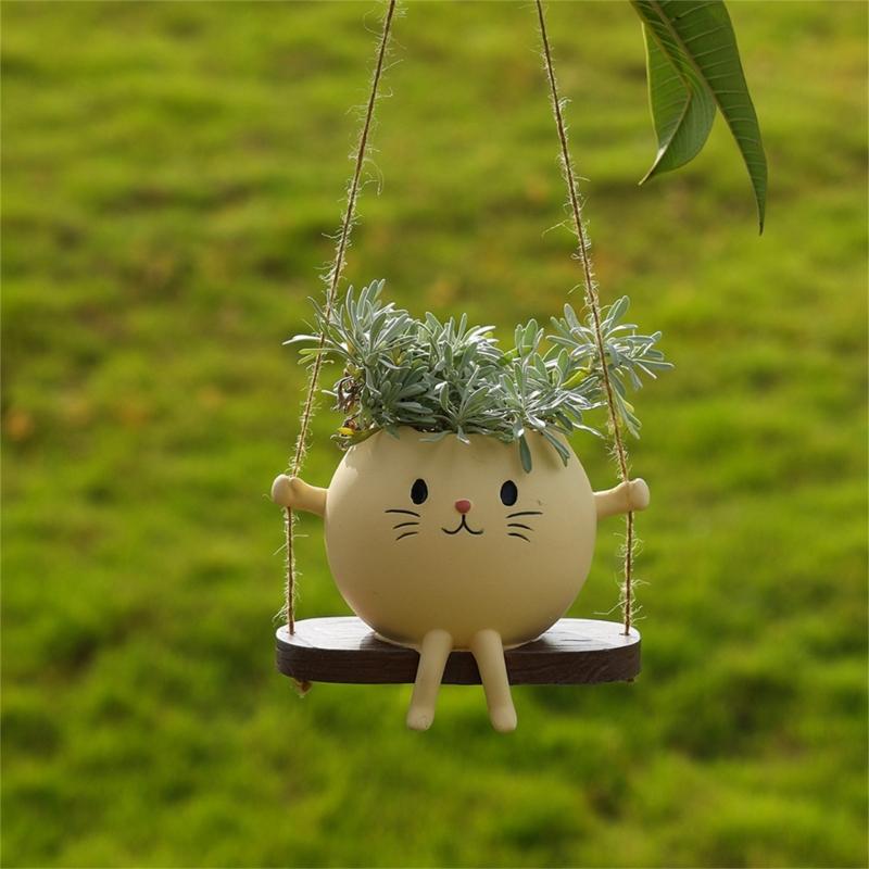 Playful Feline Shape Planter With Rocking Chair Design Lightweight Resin Flower Pot Decoration Fit for Home Balcony Desk