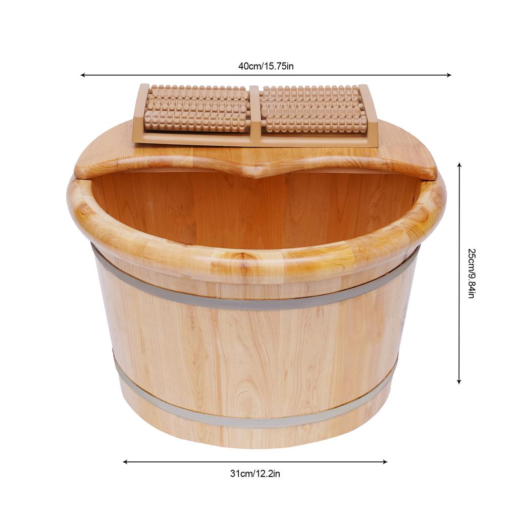 Foot Bath Bucket Cedar Wood Foot Basin Foot Massage Bucket with Massager Cover Plate Portable Foot Bath Basin