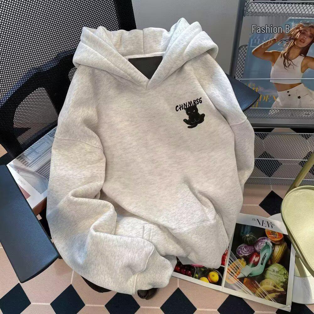 Men's Cat Print Velvet Hoodie - New Style Autumn/Winter Loose Pullover