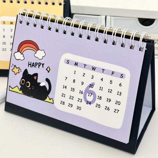Cat Desk Calendar 2026 Cute Desktop Standing Flip Calendar with Cartoon Black Cat for Home Office Study Workstation