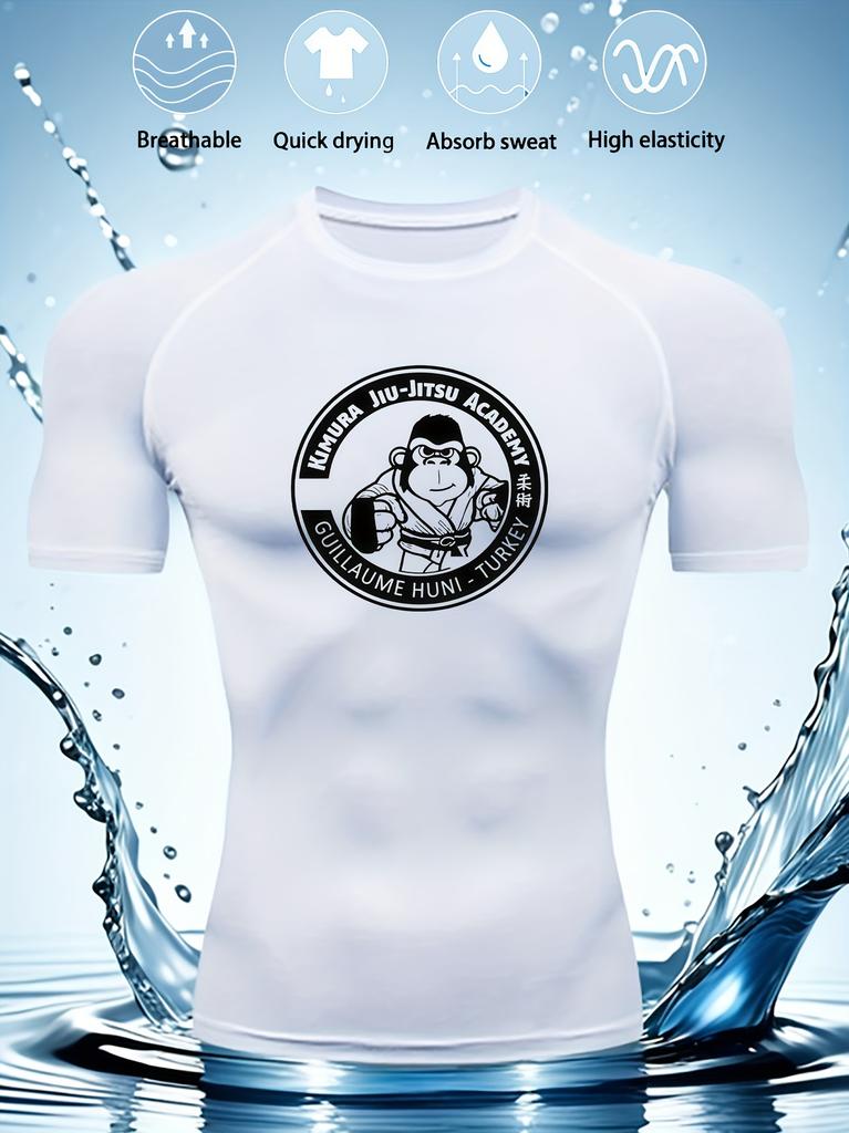 Mens White Compression Short Sleeve T-Shirt Cartoon Monkey Weightlifting Graphic Quick Dry High Elasticity Gym Workout And BJJ Athletic Top