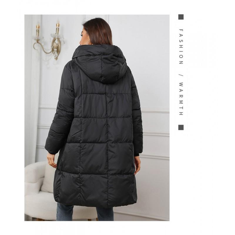 Womens Thick Warm Long Cotton Puffer Coat With Hood Slim Fit Mid-Length Winter Jacket In Solid Colors