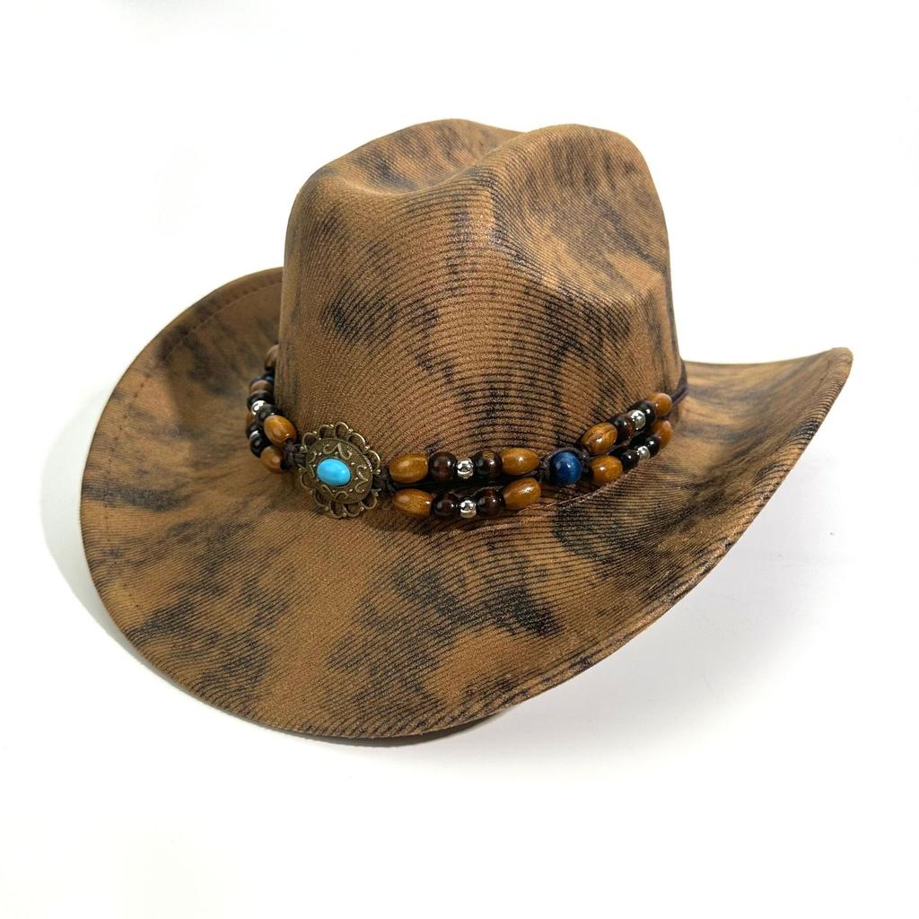 European and American Ethnic Style, Western Denim Hat, Retro Wooden Bead Accessories, Horseback Riding Jazz Hat, Men's and Women's Versatile Suns
