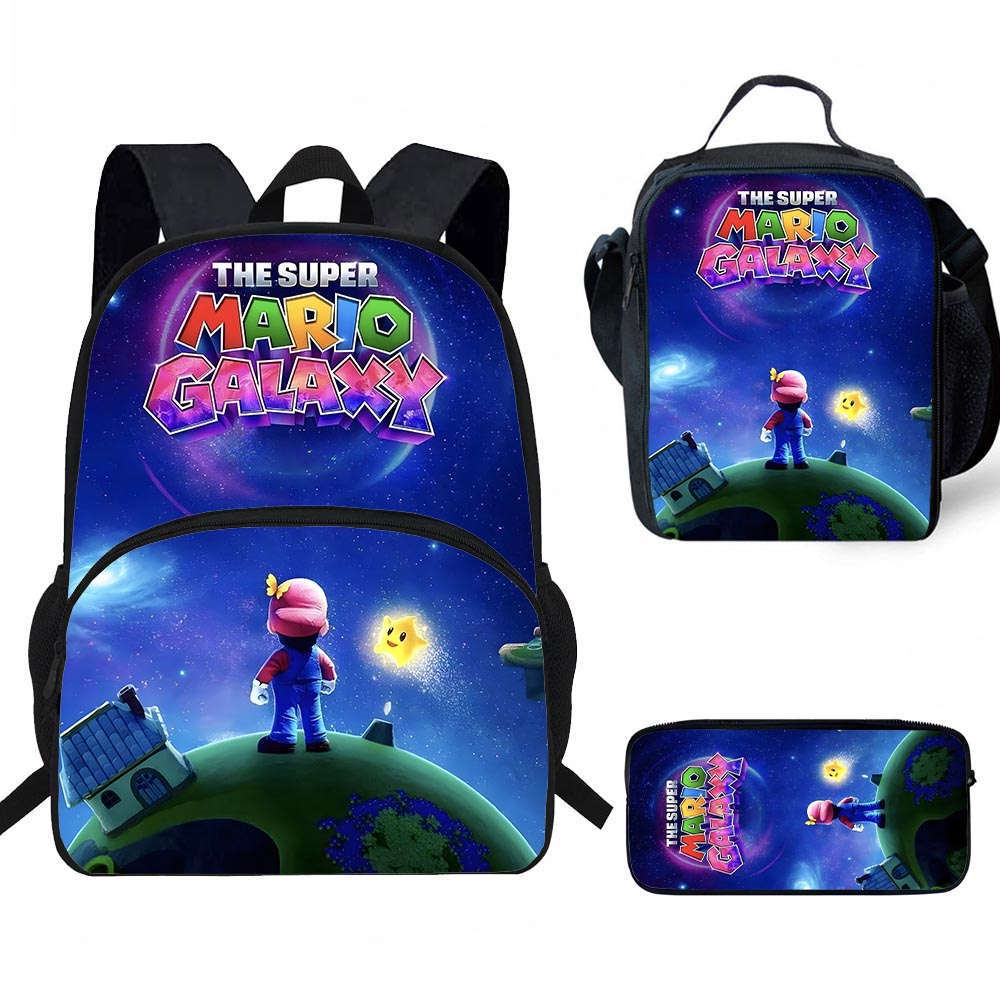 Zaino Cartone Animato di Mario, Borsa Pranzo e Astuccio—Nuovo Set Cancelleria, Adatto per le Classi 3–6