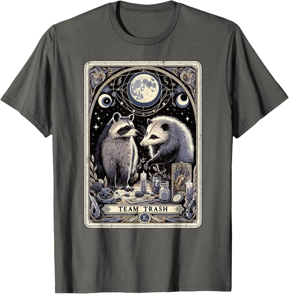 Team Trash Raccoon Opossum Tarot Card Graphic Print Cotton Short Sleeve T-Shirt Casual Trip