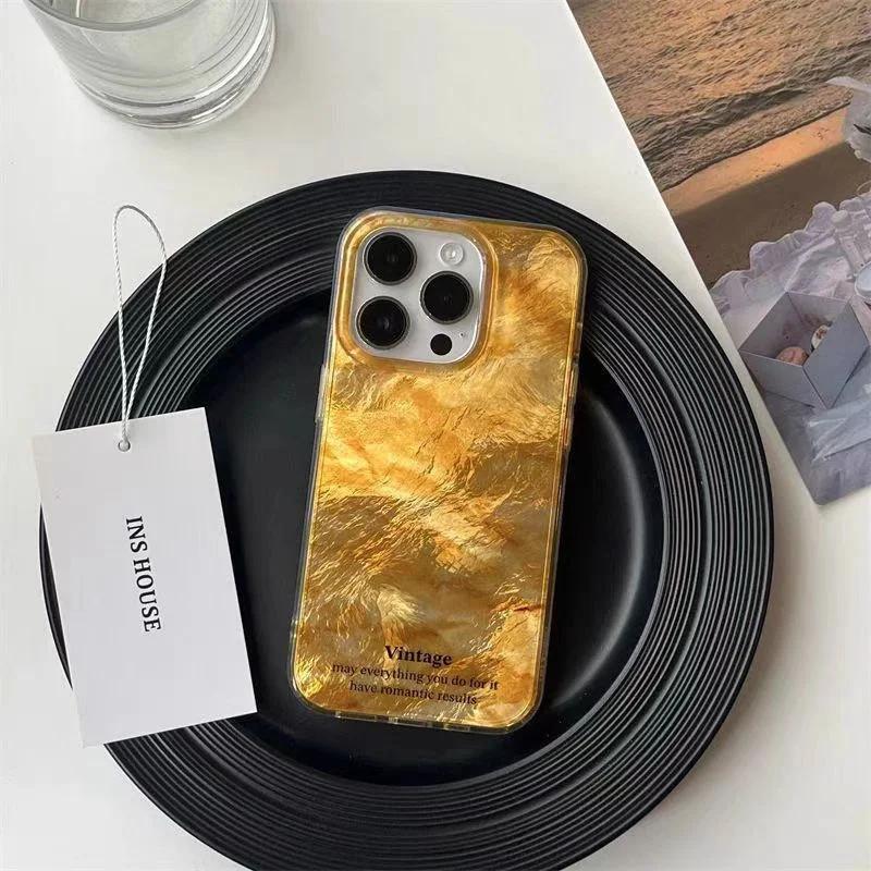 Golden Gradient Tinfoil Texture Phone Case for IPhone 16 14 15 11 12 13 Pro Max 7 8 Plus SE  XR X XS Couple Shockproof Cover