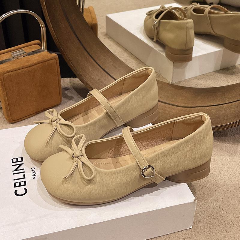 Gentle French Bow Round Head Mary Jane Single Shoes Women's 2025 Spring and Summer New Low Heel Comfortable Commuting Small Leather Shoes