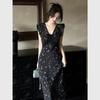 LC black lace splicing floral dress summer vacation French style unique temperament beautiful oblique cut pinch
