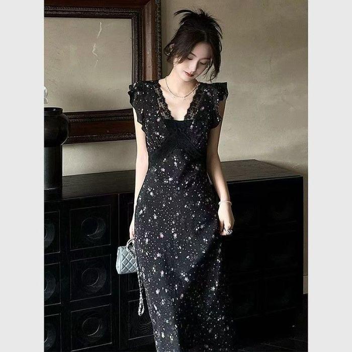 LC black lace splicing floral dress summer vacation French style unique temperament beautiful oblique cut pinch