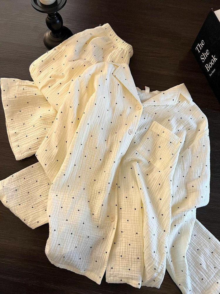 Spring and Autumn Polka Dot Cardigan Long-sleeved Trousers Pajamas Women's Lapels Can Be Worn Outside Two-piece Student Dormitory Loungewear