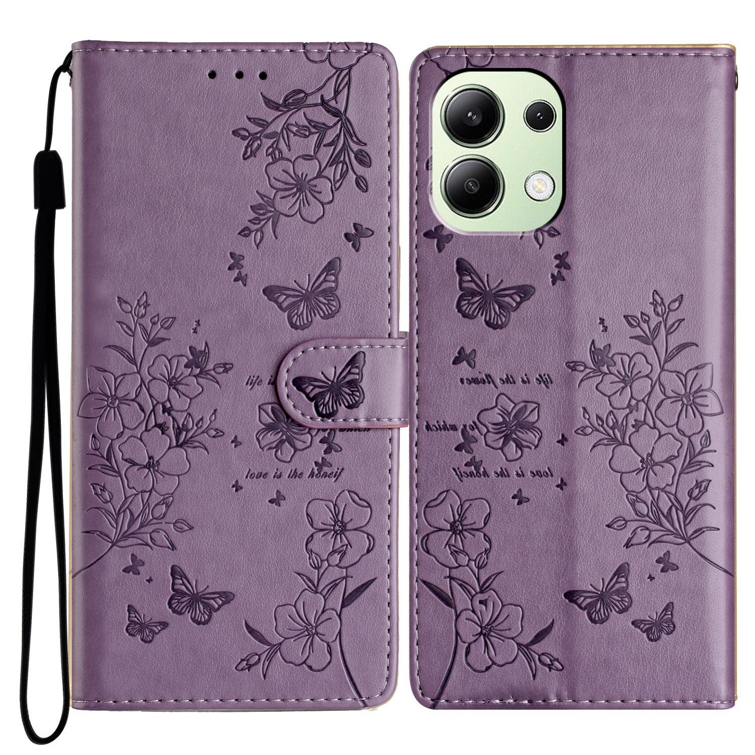 

For Xiaomi Redmi Note 13 4G Leather Case Butterfly Floral Imprint Wallet Phone Shell Purple