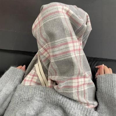 Pantalon Décontracté à Carreaux Gris pour Femmes Automne et Hiver Nouveau Taille Haute Tombant Rétro Droit Laine Jambe Large