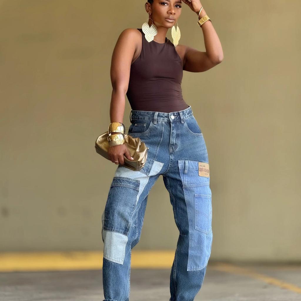 Women's Mid Rise Patchwork Patch Multi Pocket Tapered Pants Loose Fit Streetwear Color Block Denim Jeans For Spring Daily Outfits