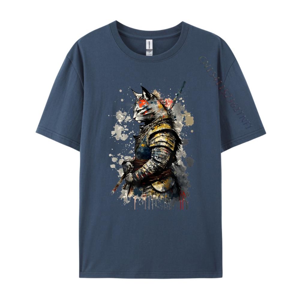 Cat Samurai Wearing Uniform Painting Portrait Cat Samurai Mens Shirts Graphic Tee Short Sleeve Tee Creative
