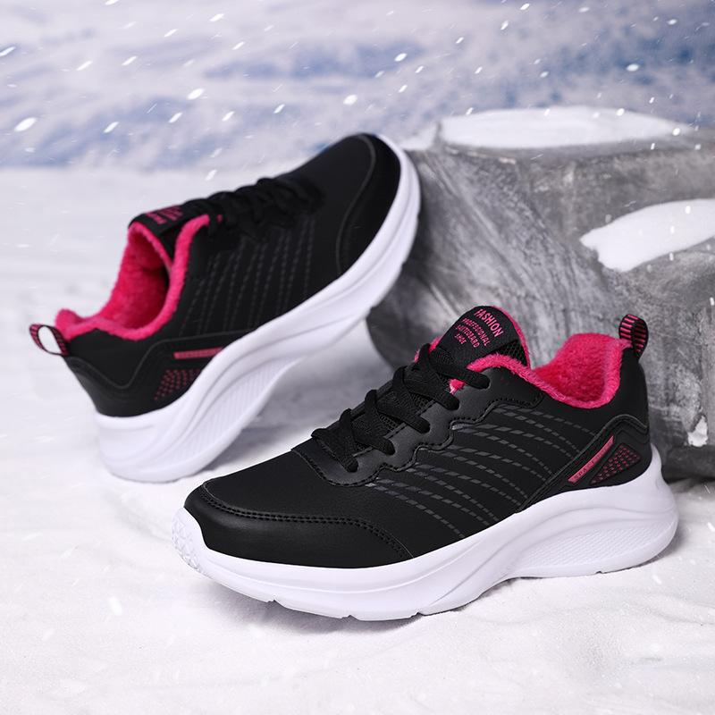 Shoes fleece warm sneakers autumn and winter black leather running shoes two cotton shoes warm and non-slip