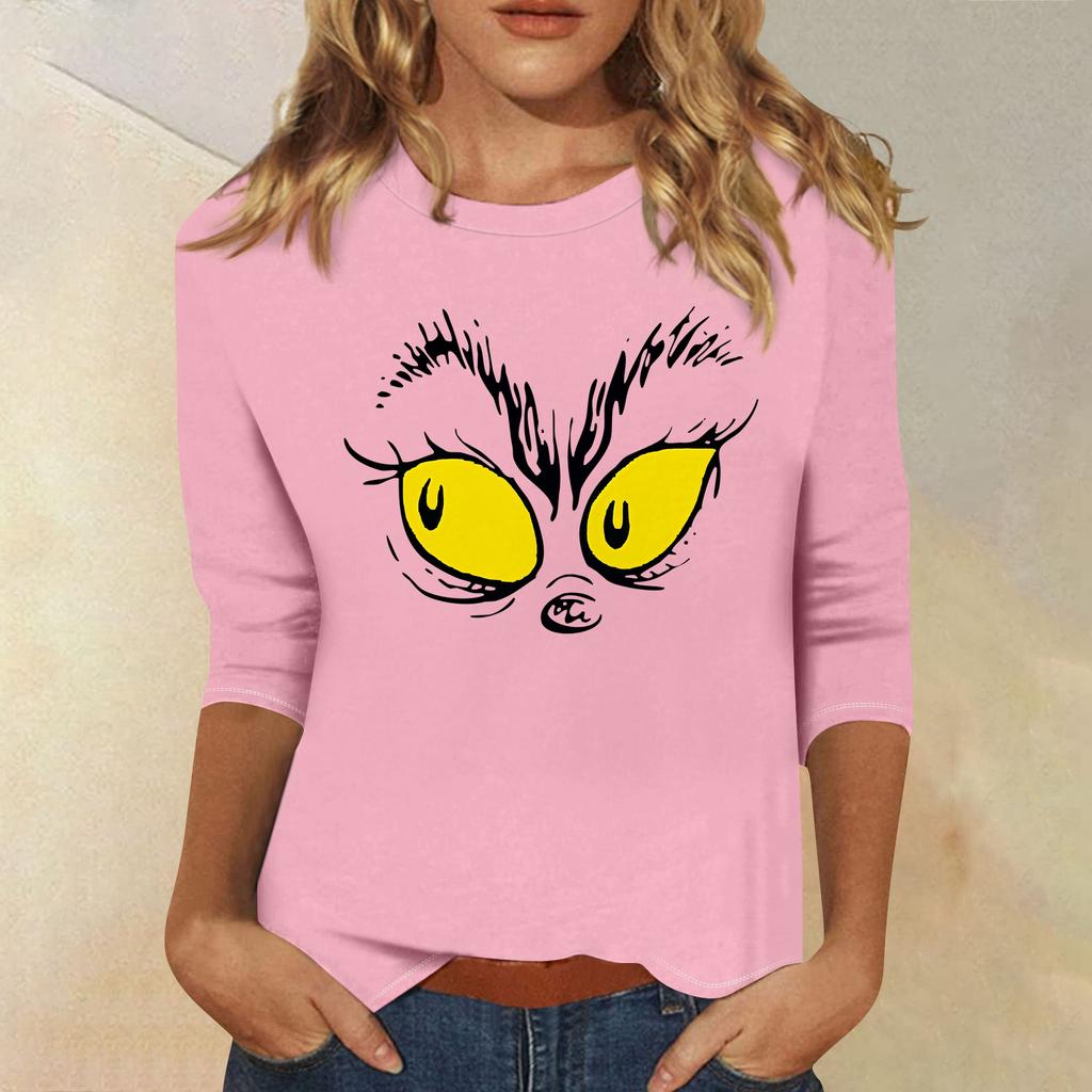 3/4 Sleeve Tops For Women T-Shirt Casual Christmas Print Tops T Shirt Round Neck Pullover Blouse