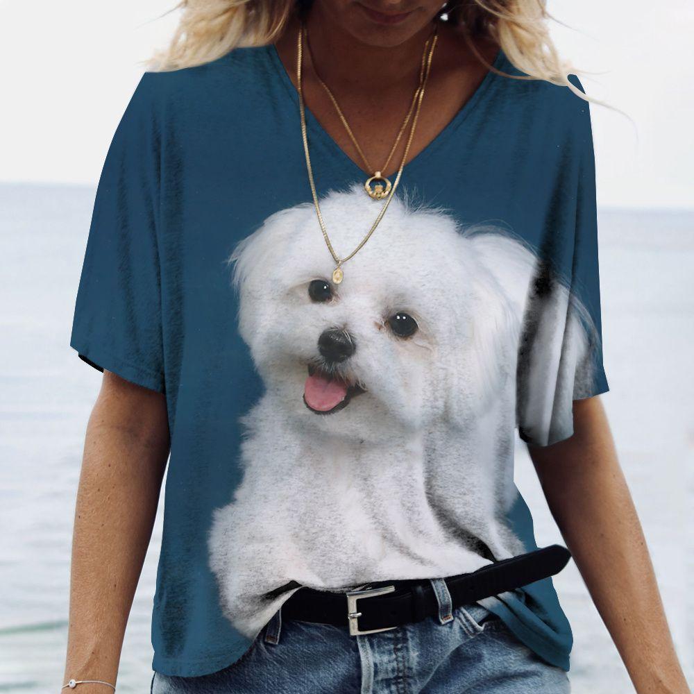Summer V-neck 3D Dog Printed Top Fashionable Casual Short Sleeved Women's T-shirts