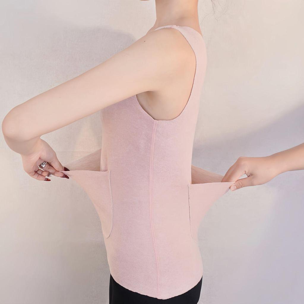 Women's Seamless Brushed Thermal Fleece Vest with Double Pockets - Large Size, Belly and Waist Warming, Perfect for Autumn and Winter.
