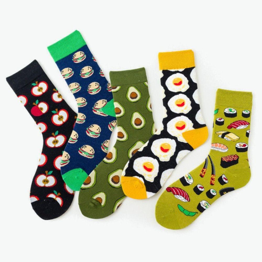 5Pairs Cotton Cartoon Short Socks Cheese Cookies Breathable Mid Tube Socks Mid-calf Socks Patchwork Food Pattern Socks Female