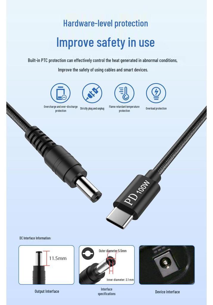 Type-C to DC 100W Fast Charging Cable for HP, Lenovo, Dell Laptops - 2 Meters