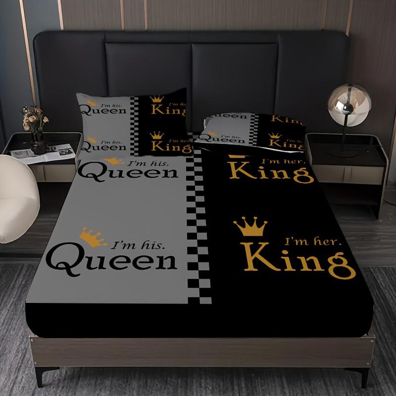 Queen King Golden Crown Couple Print Fitted Sheet Set 1* Fitted Sheet+2*Pillowcases Mattress Cover Soft Breathable Bedding Set