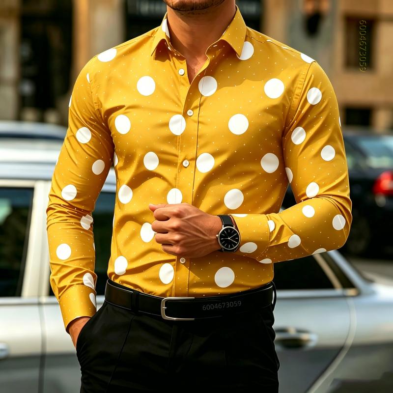 Camicia da Uomo a Pois Manica Lunga, Camicia Business Casual Slim Fit, Top da Uomo Tendenza Moda Casual da Esterno