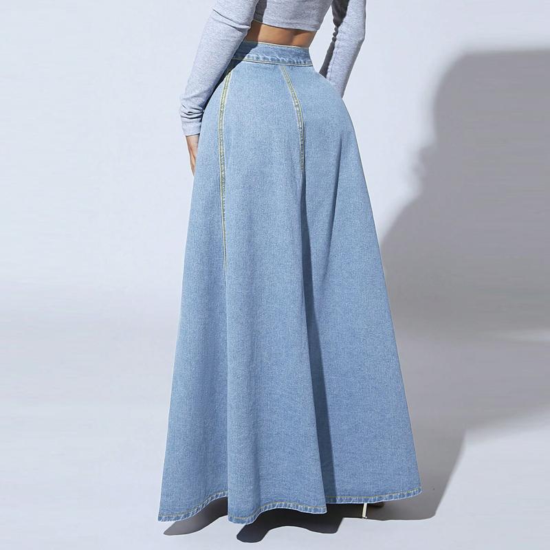Denim Skirts Women Long Skirt A Line Single Breasted High Waist Jeans Vintage Maxi Simple Casual Elegant Splice Y2k Streetwear