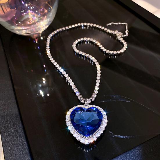Lady Necklace Exquisite Big Rhinstone Shiny Ocean Heart Long-lasting Lady Party Pendant Neck Jewelry